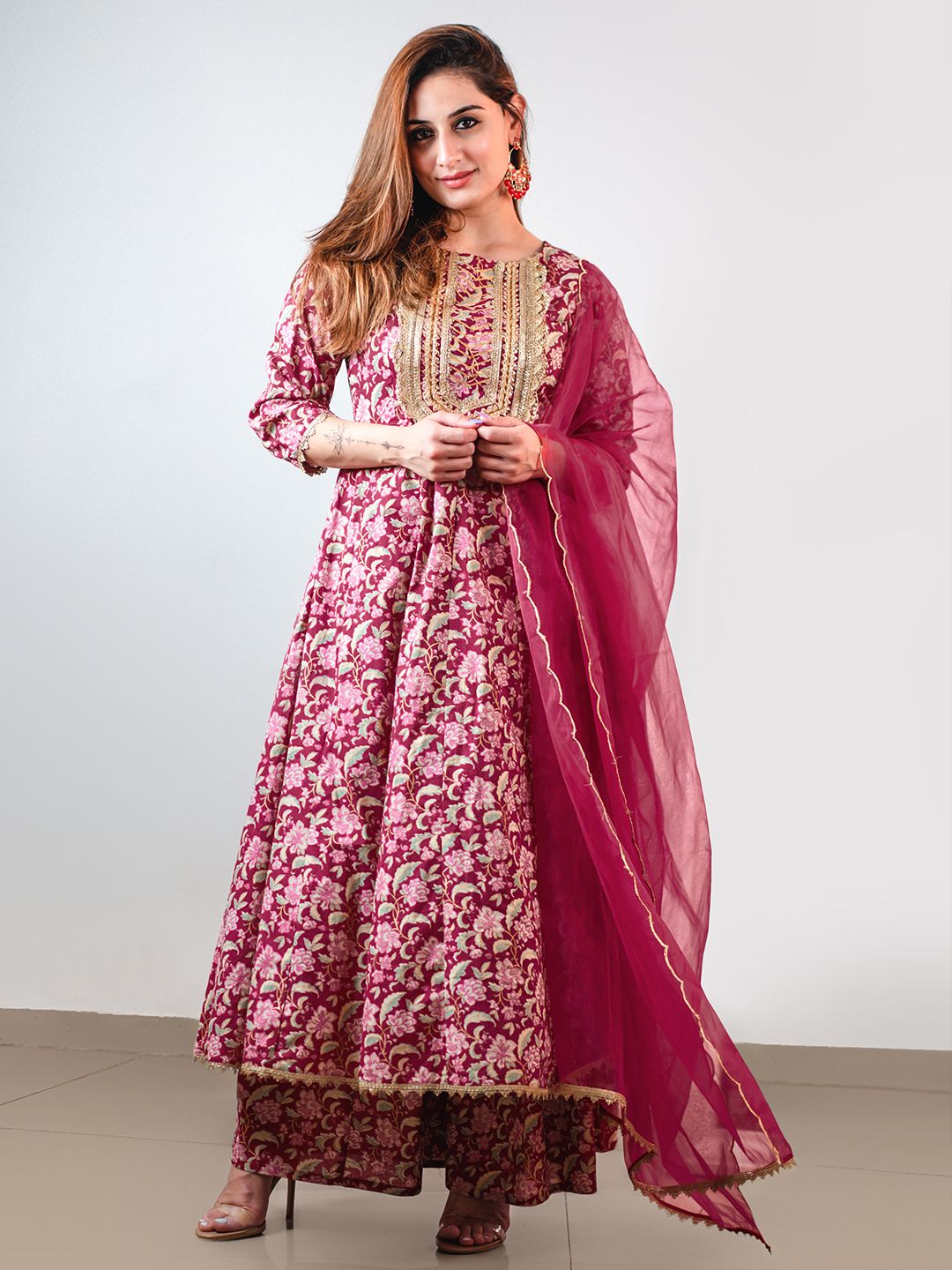 Janasya Pink Cotton Foil Floral Printed Set | Swadesiicart