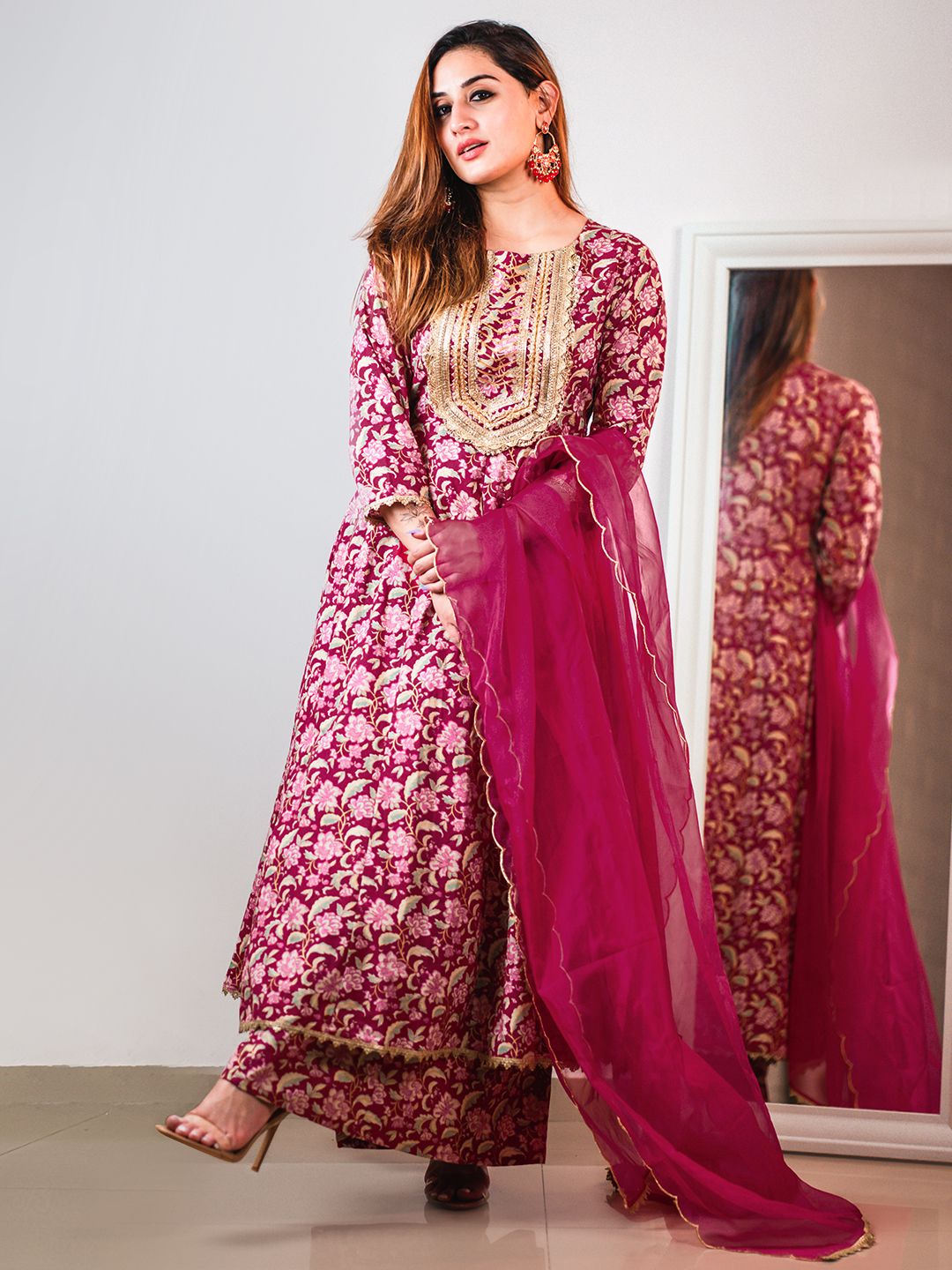 Janasya Pink Cotton Foil Floral Printed Set | Swadesiicart