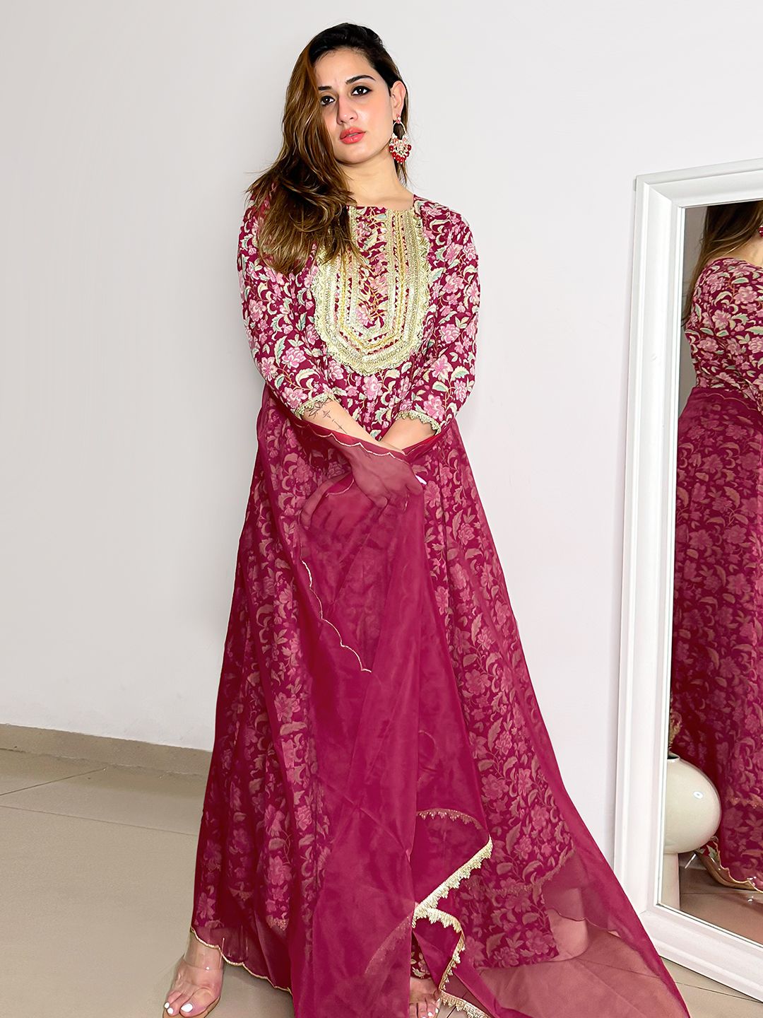 Janasya Pink Cotton Foil Floral Printed Set | Swadesiicart