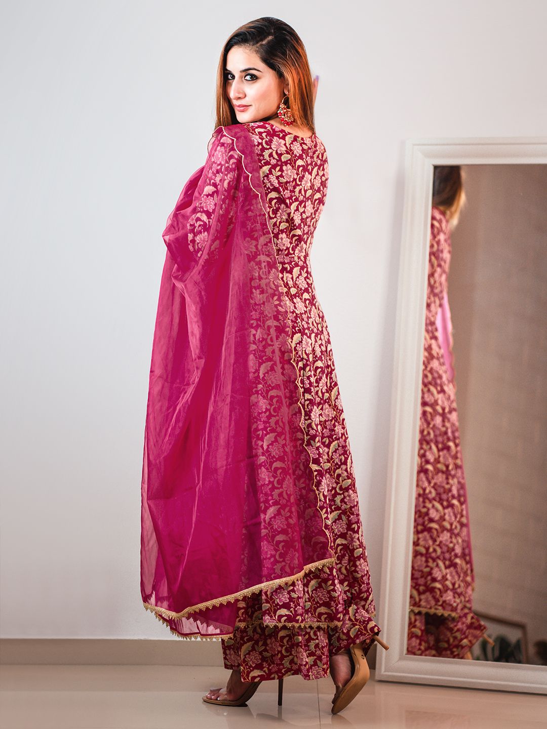 Janasya Pink Cotton Foil Floral Printed Set | Swadesiicart
