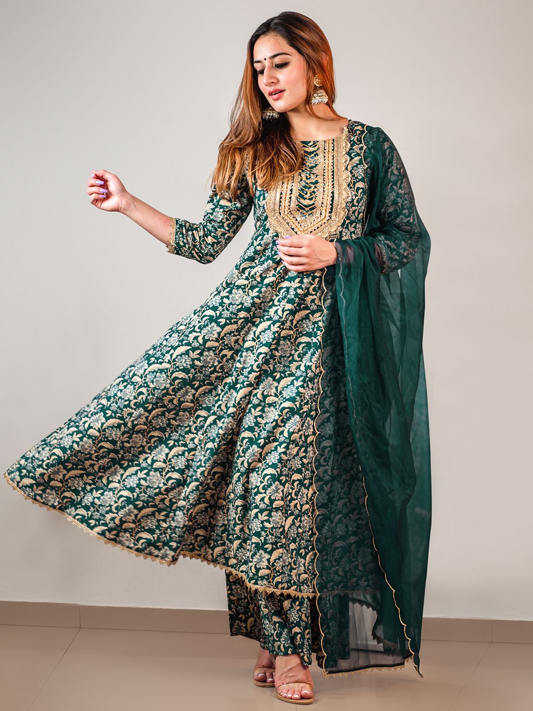 Janasya Teal Cotton Foil Floral Printed Set | Swadesiicart