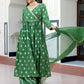 Janasya Women's Green Brocade Woven Design Festive Angrakha Kurta Set | Swadesiicart
