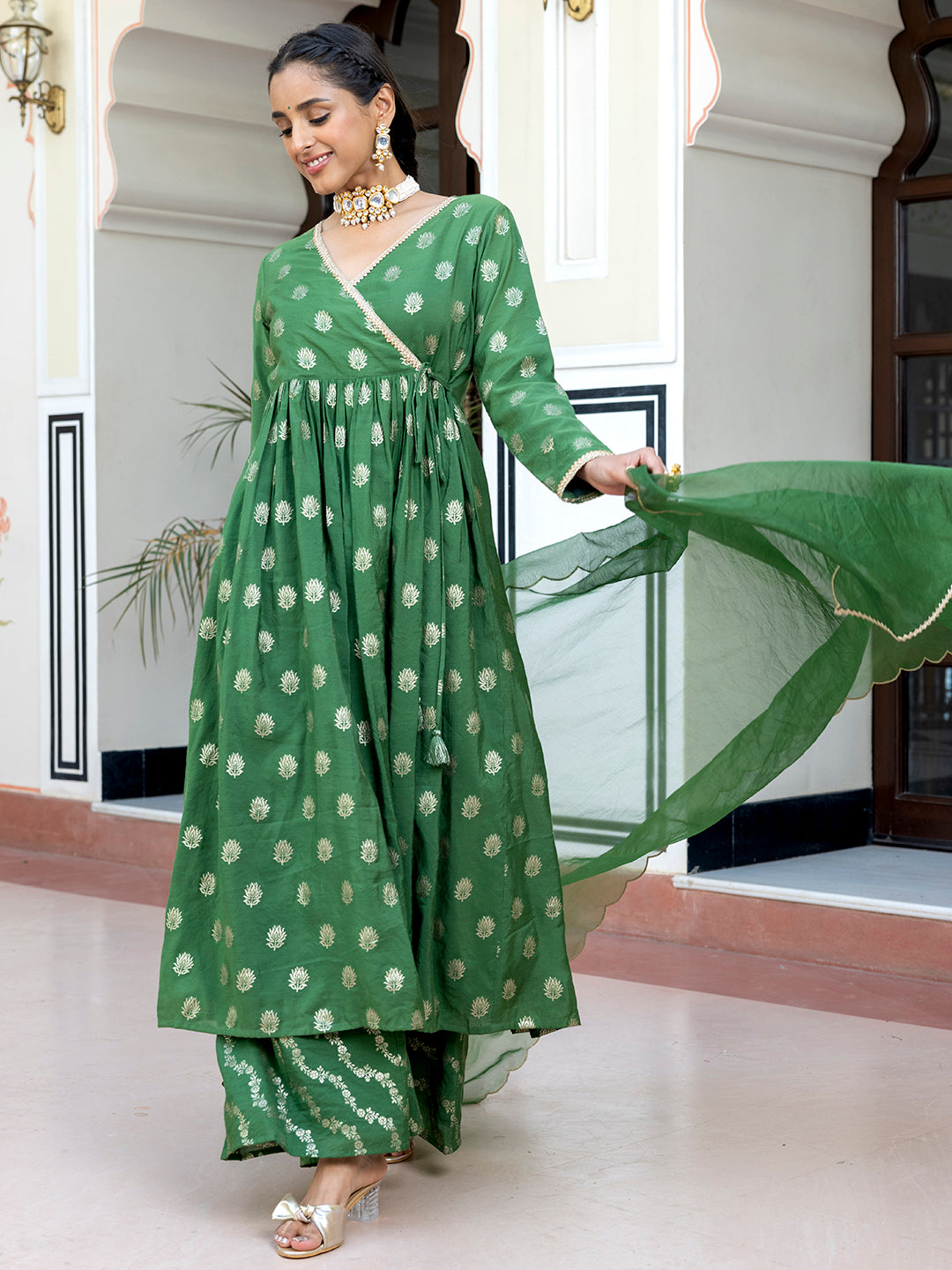 Janasya Women's Green Brocade Woven Design Festive Angrakha Kurta Set | Swadesiicart