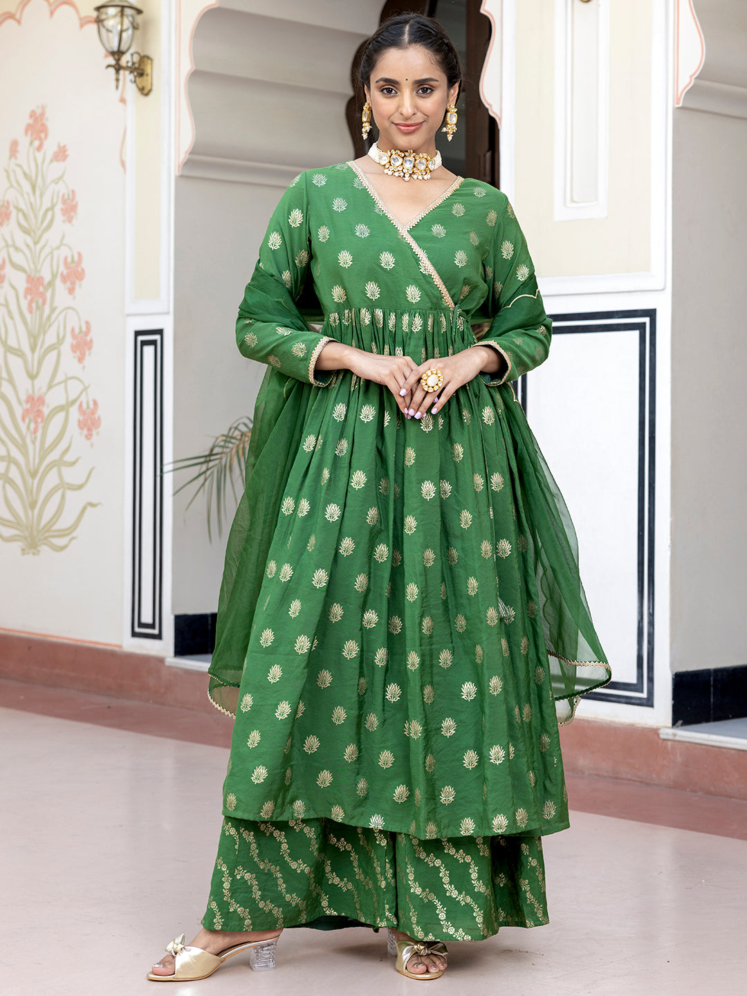 Janasya Women's Green Brocade Woven Design Festive Angrakha Kurta Set | Swadesiicart
