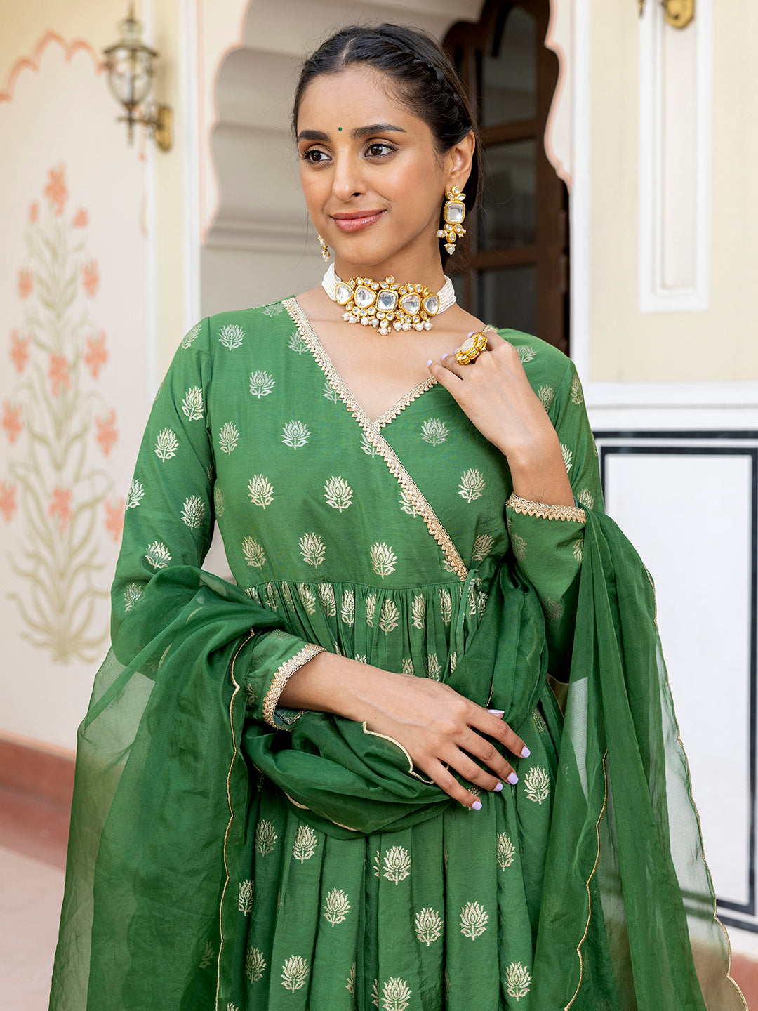 Janasya Women's Green Brocade Woven Design Festive Angrakha Kurta Set | Swadesiicart
