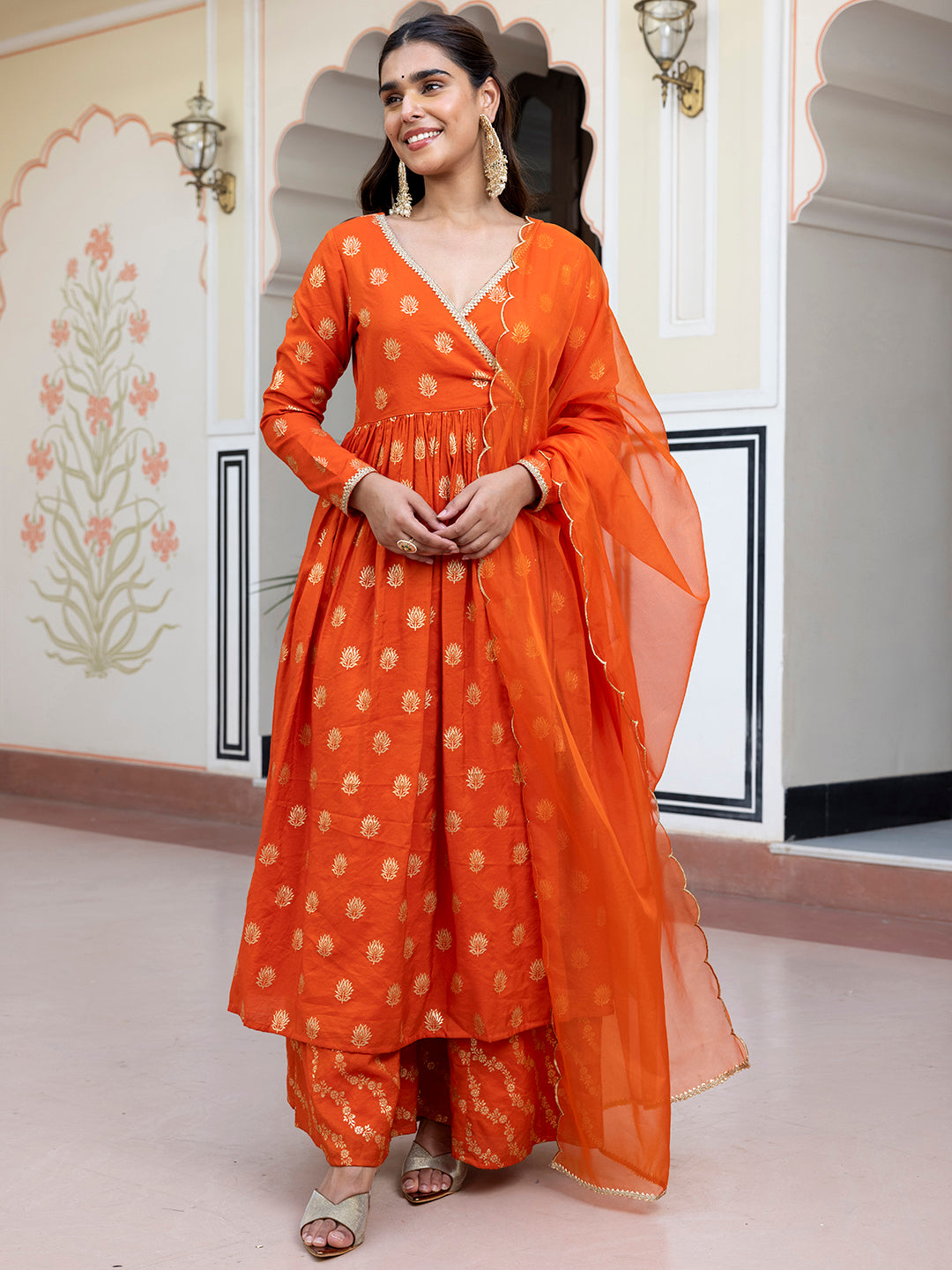 Janasya Women's Orange Brocade Woven Design Festive Angrakha Kurta Set | Swadesiicart