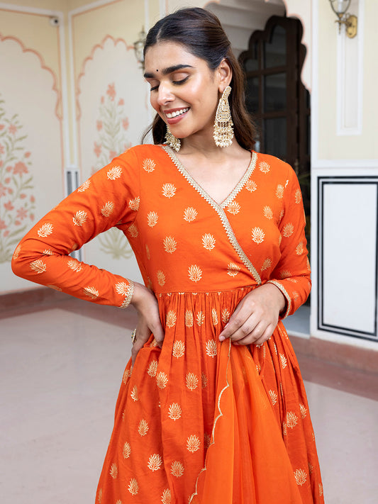 Janasya Women's Orange Brocade Woven Design Festive Angrakha Kurta Set | Swadesiicart