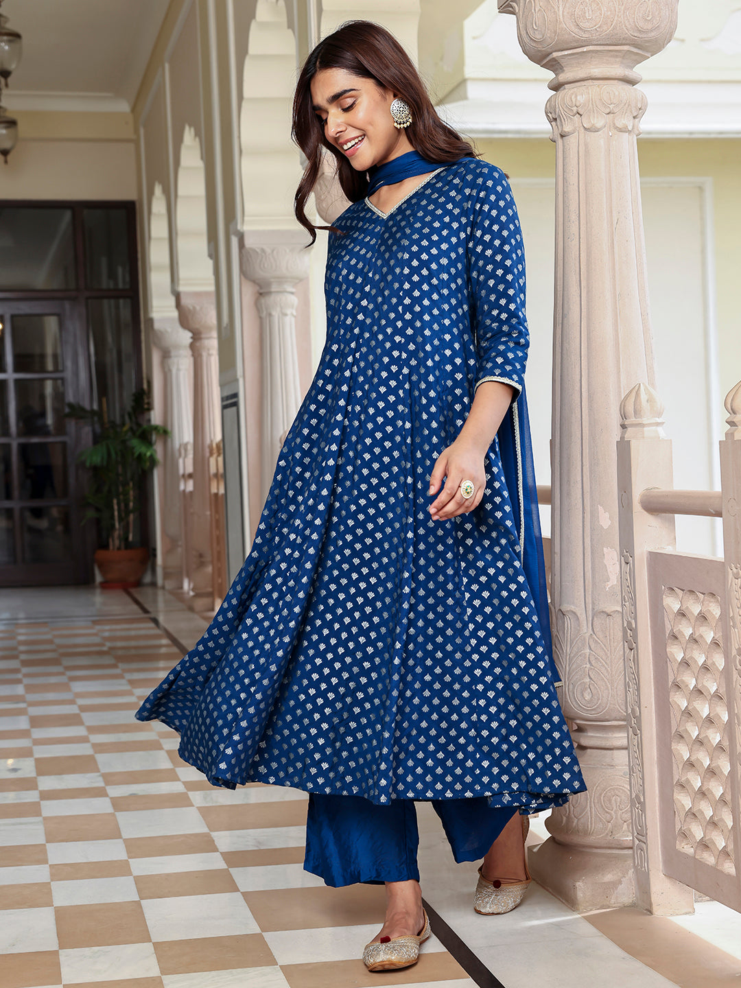 Janasya Women's Blue Brocade Woven Design Festive Anarkali Kurta Set | Swadesiicart