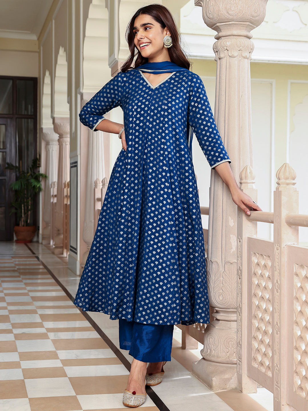 Janasya Women's Blue Brocade Woven Design Festive Anarkali Kurta Set | Swadesiicart