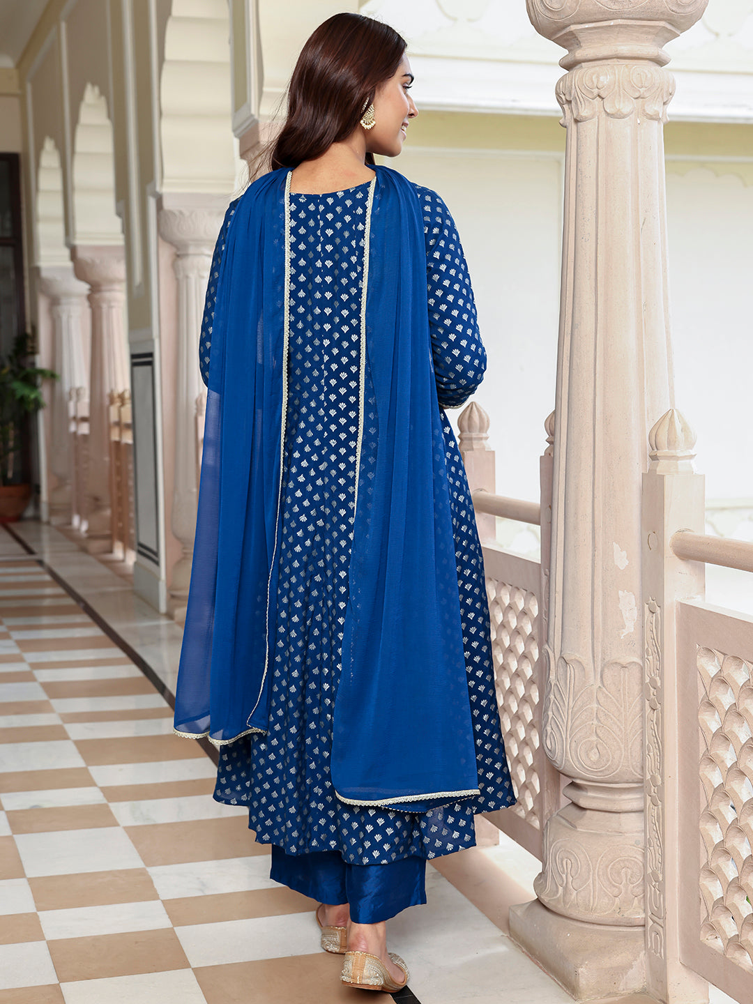 Janasya Women's Blue Brocade Woven Design Festive Anarkali Kurta Set | Swadesiicart