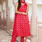 Janasya Women's Red Brocade Woven Design Festive Straight Kurta Set | Swadesiicart