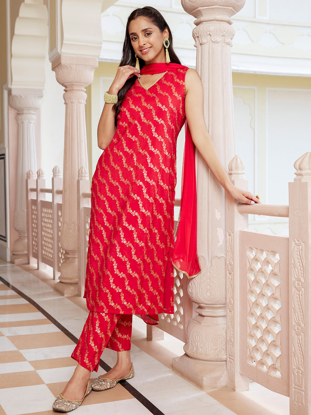 Janasya Women's Red Brocade Woven Design Festive Straight Kurta Set | Swadesiicart