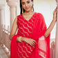 Janasya Women's Red Brocade Woven Design Festive Straight Kurta Set | Swadesiicart