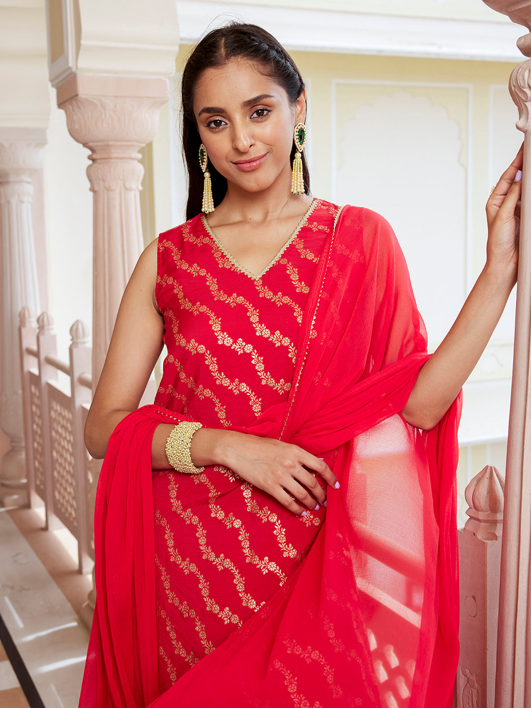 Janasya Women's Red Brocade Woven Design Festive Straight Kurta Set | Swadesiicart