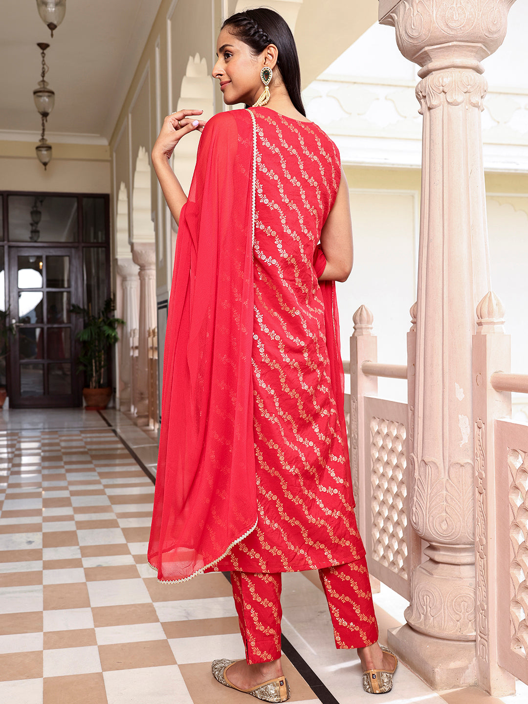 Janasya Women's Red Brocade Woven Design Festive Straight Kurta Set | Swadesiicart