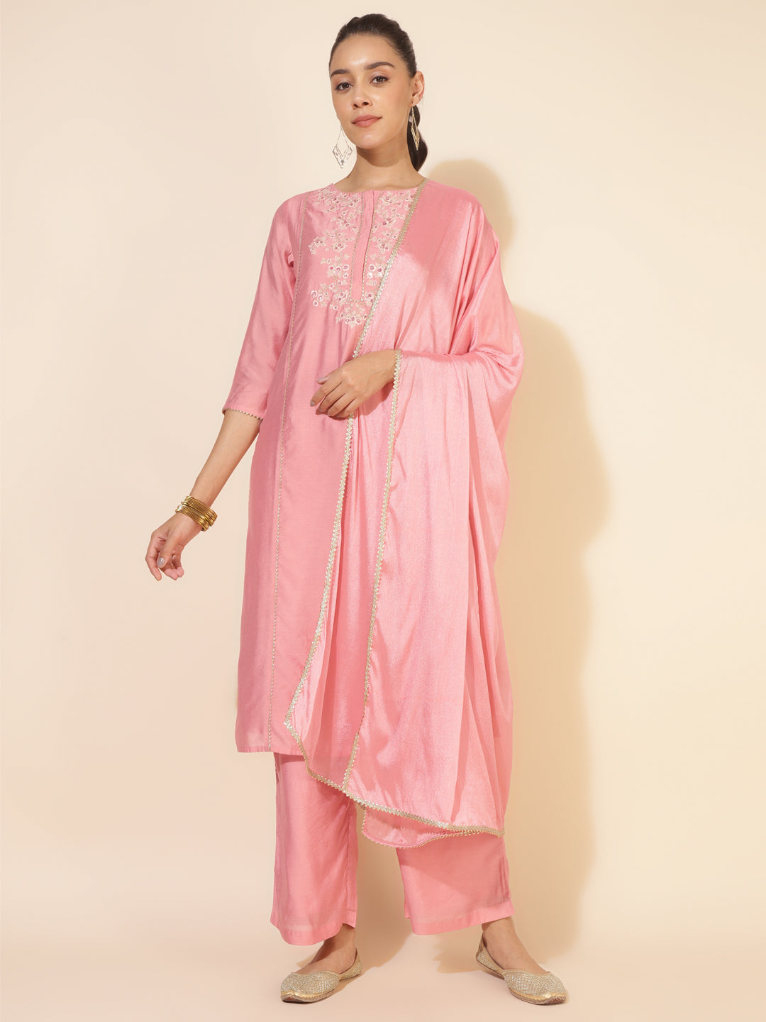Janasya Pink Chanderi Embellished Set | Swadesiicart
