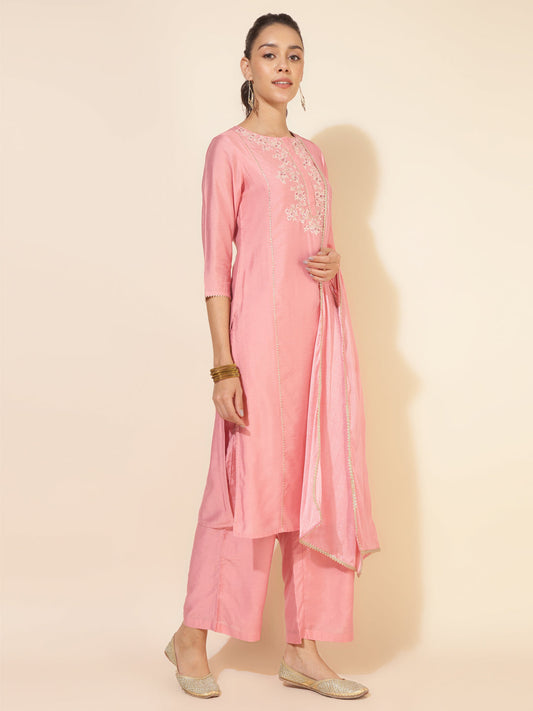 Janasya Pink Chanderi Embellished Set | Swadesiicart