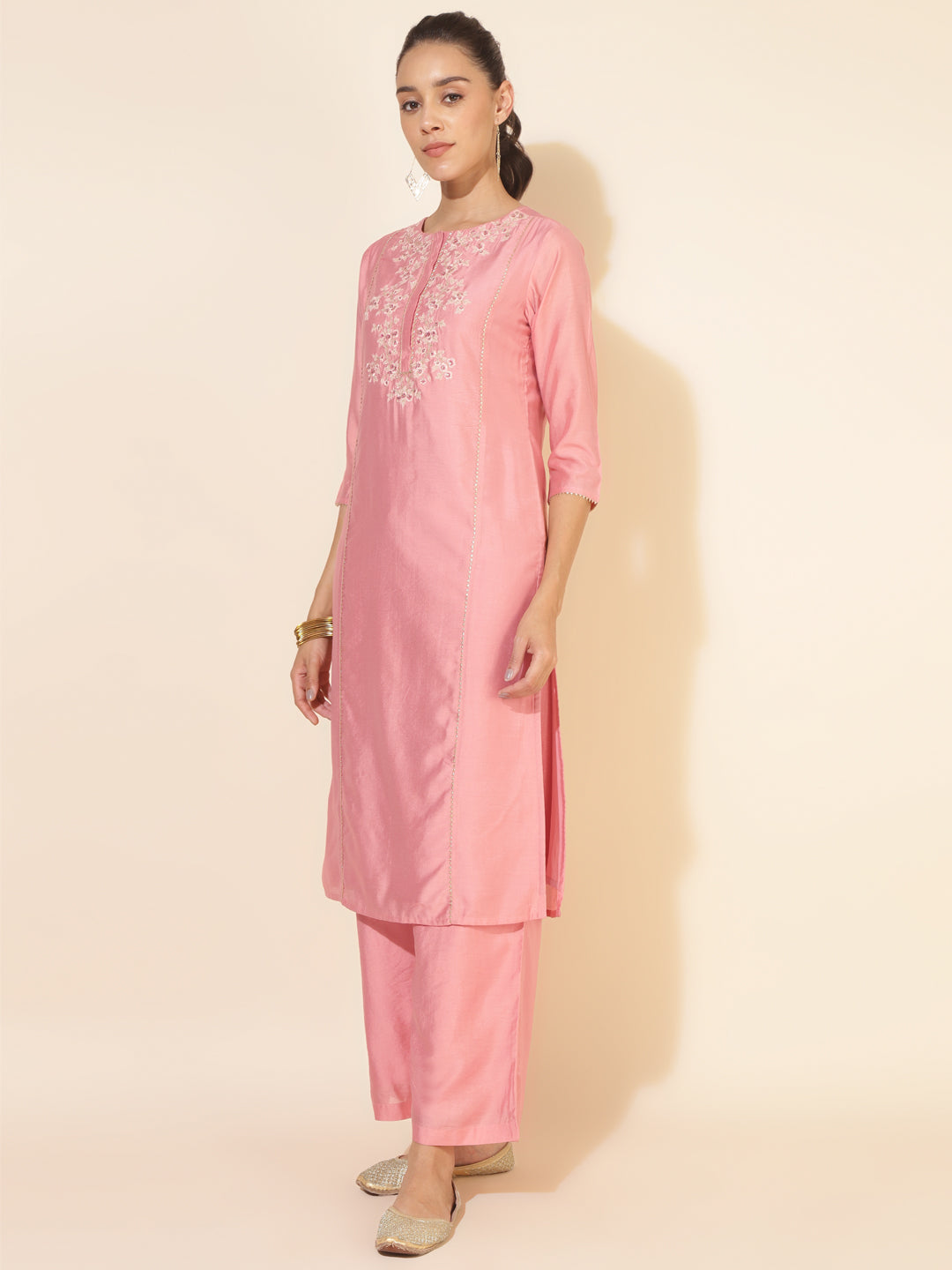 Janasya Pink Chanderi Embellished Set | Swadesiicart