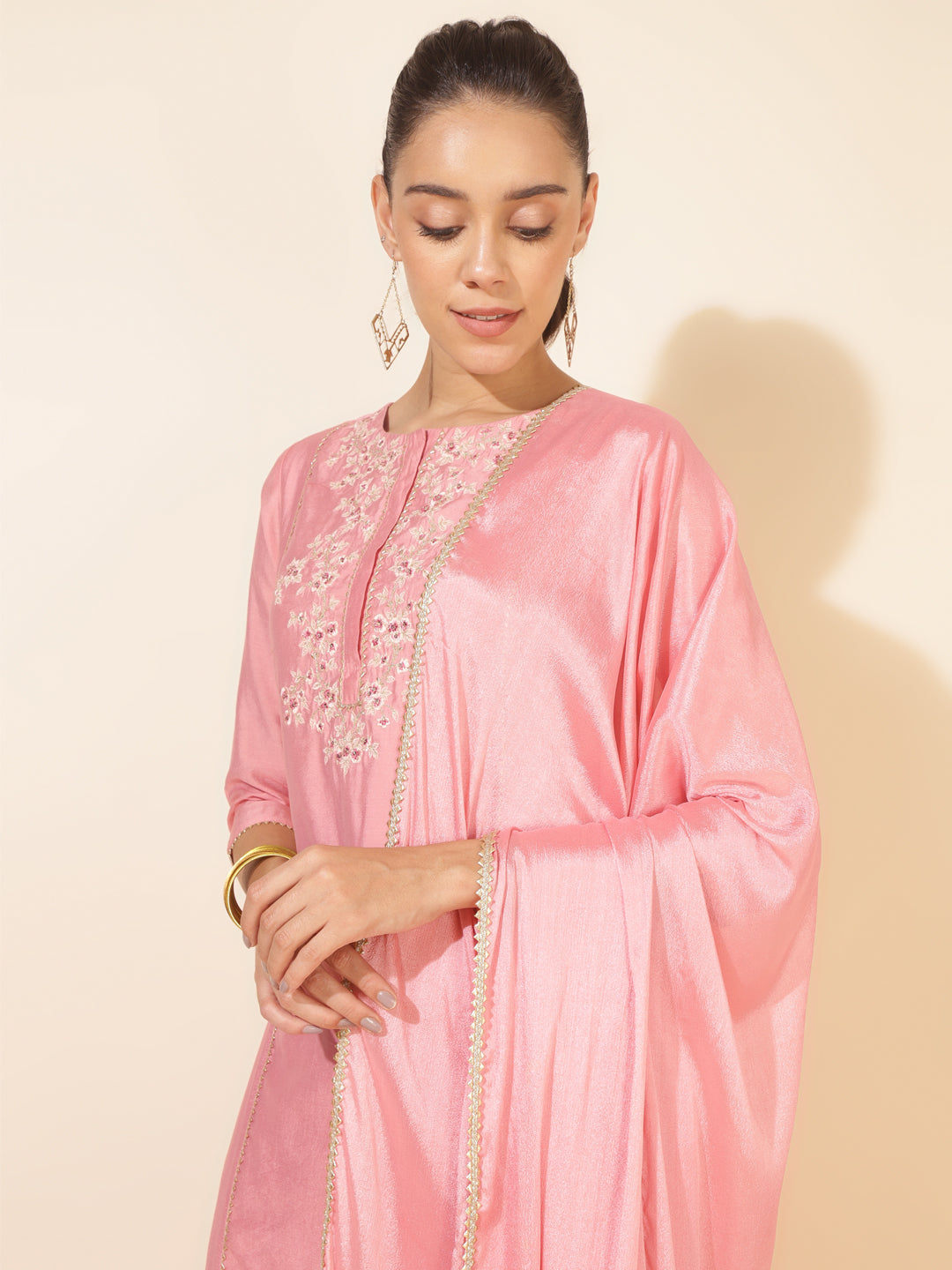 Janasya Pink Chanderi Embellished Set | Swadesiicart
