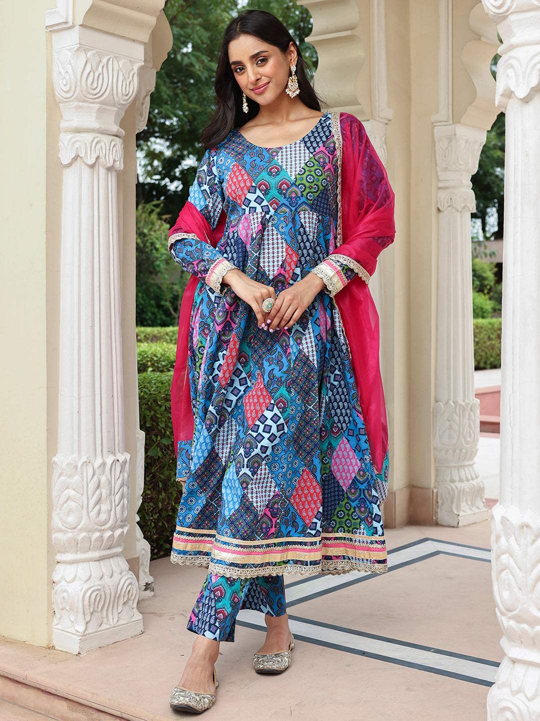 Janasya Women's Blue Cotton Ethnic Printed Festive Anarkali Kurta Set | Swadesiicart