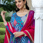 Janasya Women's Blue Cotton Ethnic Printed Festive Anarkali Kurta Set | Swadesiicart