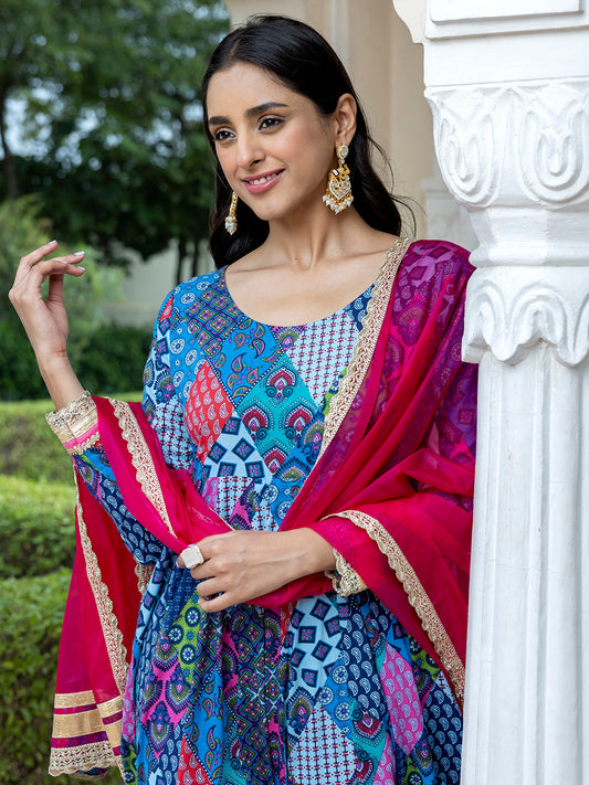 Janasya Women's Blue Cotton Ethnic Printed Festive Anarkali Kurta Set | Swadesiicart