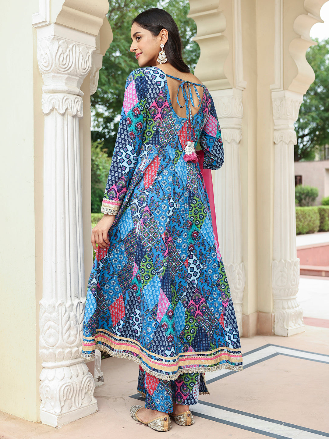 Janasya Women's Blue Cotton Ethnic Printed Festive Anarkali Kurta Set | Swadesiicart