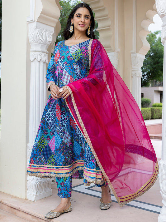 Janasya Women's Blue Cotton Ethnic Printed Festive Anarkali Kurta Set | Swadesiicart