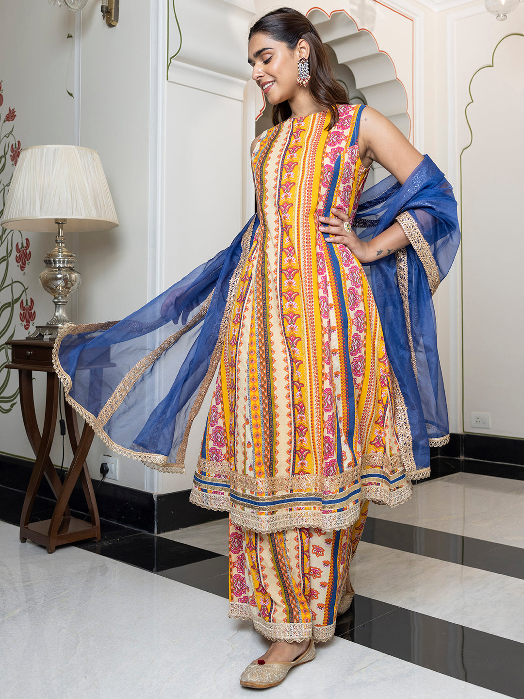 Janasya Women's Multicolor Cotton Ethnic Printed Festive A-line Kurta Set | Swadesiicart