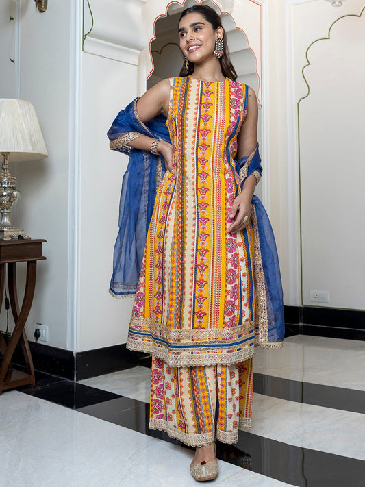 Janasya Women's Multicolor Cotton Ethnic Printed Festive A-line Kurta Set | Swadesiicart