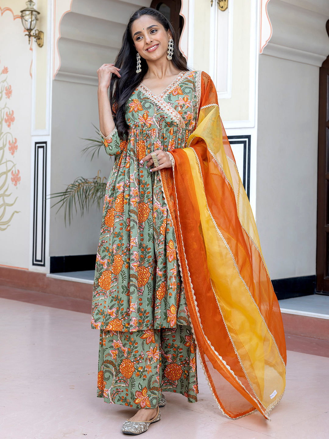 Janasya Women's Green Cotton Embellished Ethnic Printed Festive Flared Kurta Set | Swadesiicart