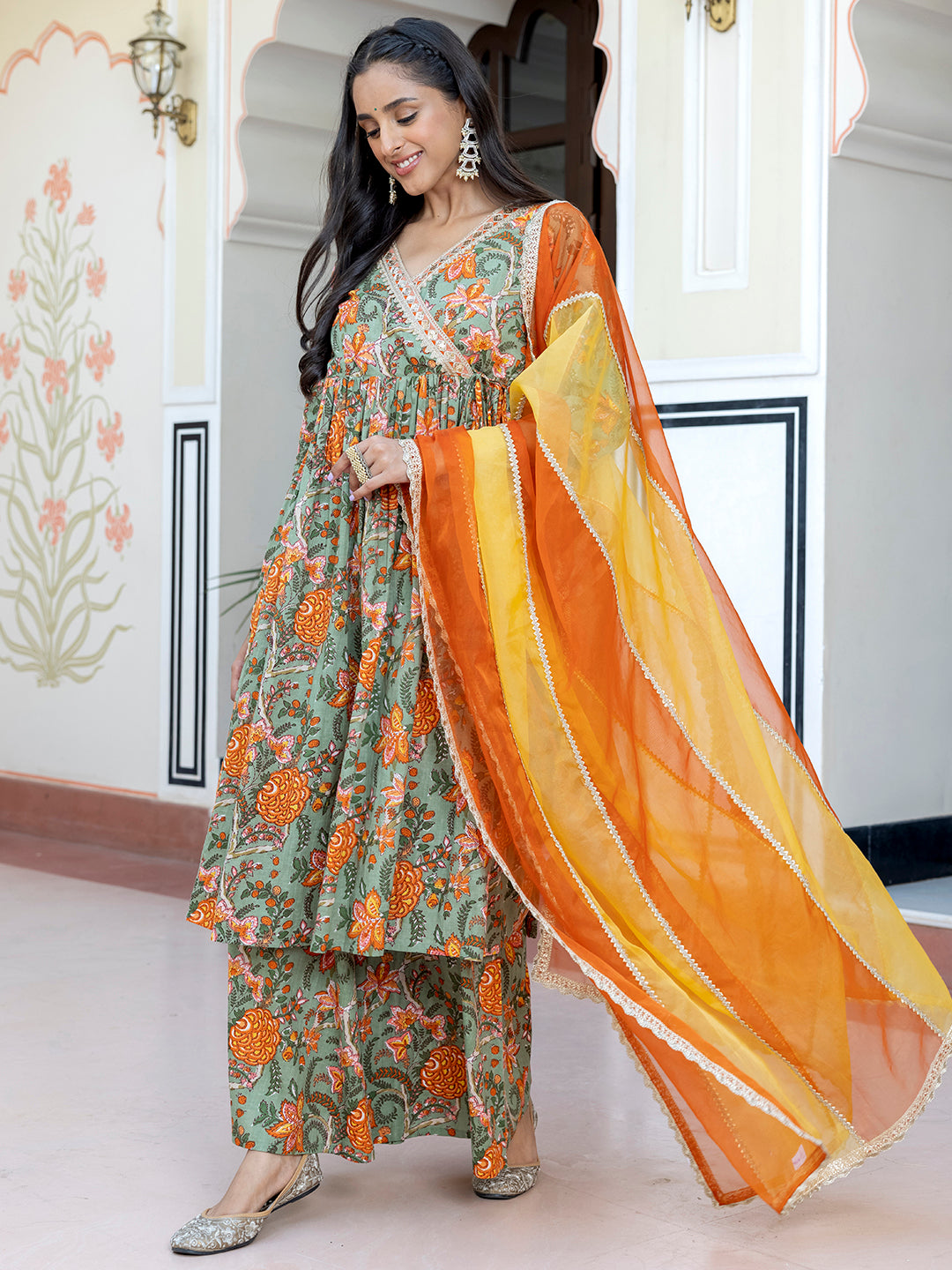 Janasya Women's Green Cotton Embellished Ethnic Printed Festive Flared Kurta Set | Swadesiicart