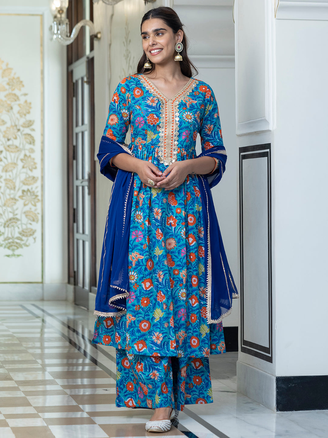 Janasya Women's Sky blue Cotton Embellished Ethnic Printed Festive Flared Kurta Set | Swadesiicart