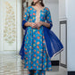 Janasya Women's Sky blue Cotton Embellished Ethnic Printed Festive Flared Kurta Set | Swadesiicart