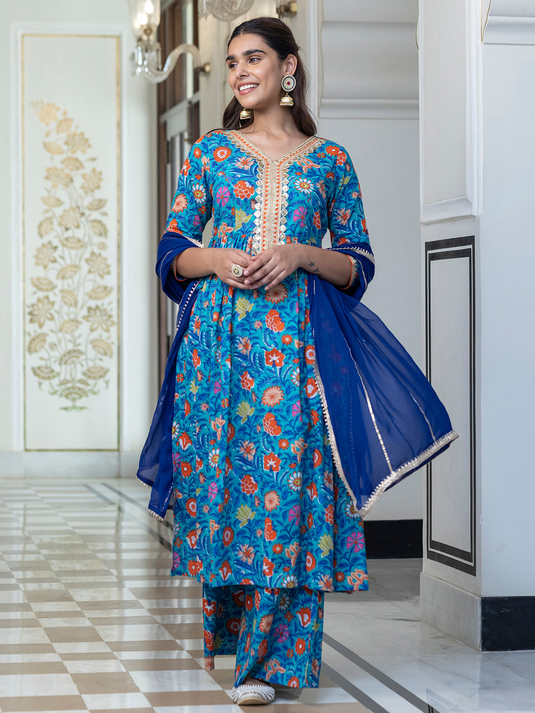Janasya Women's Sky blue Cotton Embellished Ethnic Printed Festive Flared Kurta Set | Swadesiicart