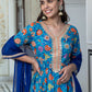 Janasya Women's Sky blue Cotton Embellished Ethnic Printed Festive Flared Kurta Set | Swadesiicart