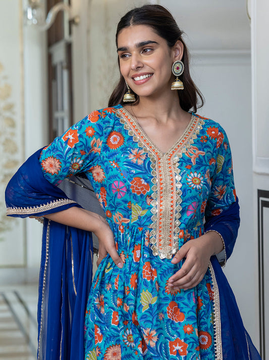 Janasya Women's Sky blue Cotton Embellished Ethnic Printed Festive Flared Kurta Set | Swadesiicart