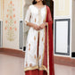 Janasya Women's White Cotton Embellished Floral Printed Festive Front Slit Kurta Set | Swadesiicart