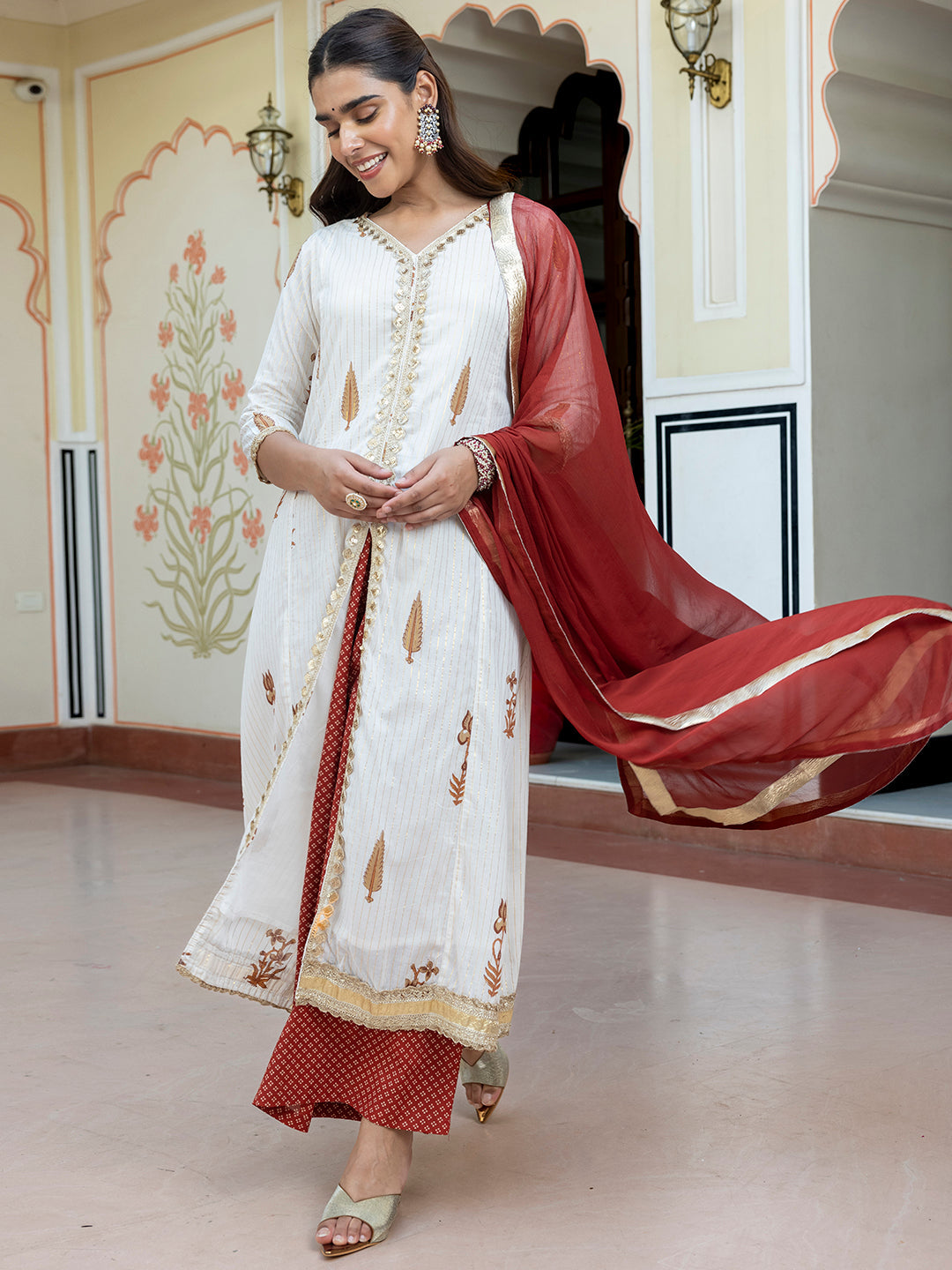 Janasya Women's White Cotton Embellished Floral Printed Festive Front Slit Kurta Set | Swadesiicart