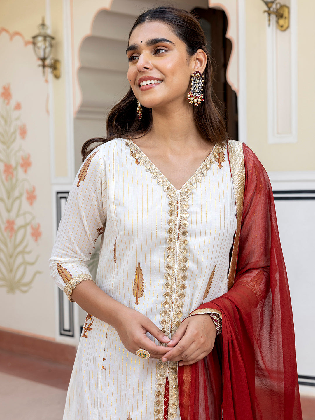Janasya Women's White Cotton Embellished Floral Printed Festive Front Slit Kurta Set | Swadesiicart