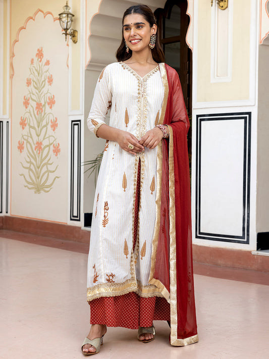 Janasya Women's White Cotton Embellished Floral Printed Festive Front Slit Kurta Set | Swadesiicart