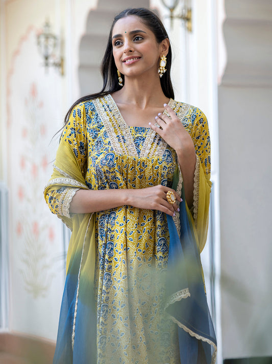 Janasya Women's Lime Green Cotton Embellished Ethnic Printed Festive Flared Kurta Set | Swadesiicart