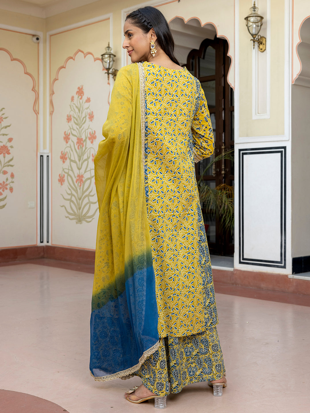 Janasya Women's Lime Green Cotton Embellished Ethnic Printed Festive Flared Kurta Set | Swadesiicart