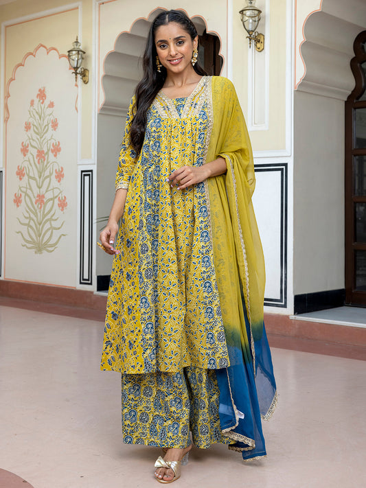 Janasya Women's Lime Green Cotton Embellished Ethnic Printed Festive Flared Kurta Set | Swadesiicart