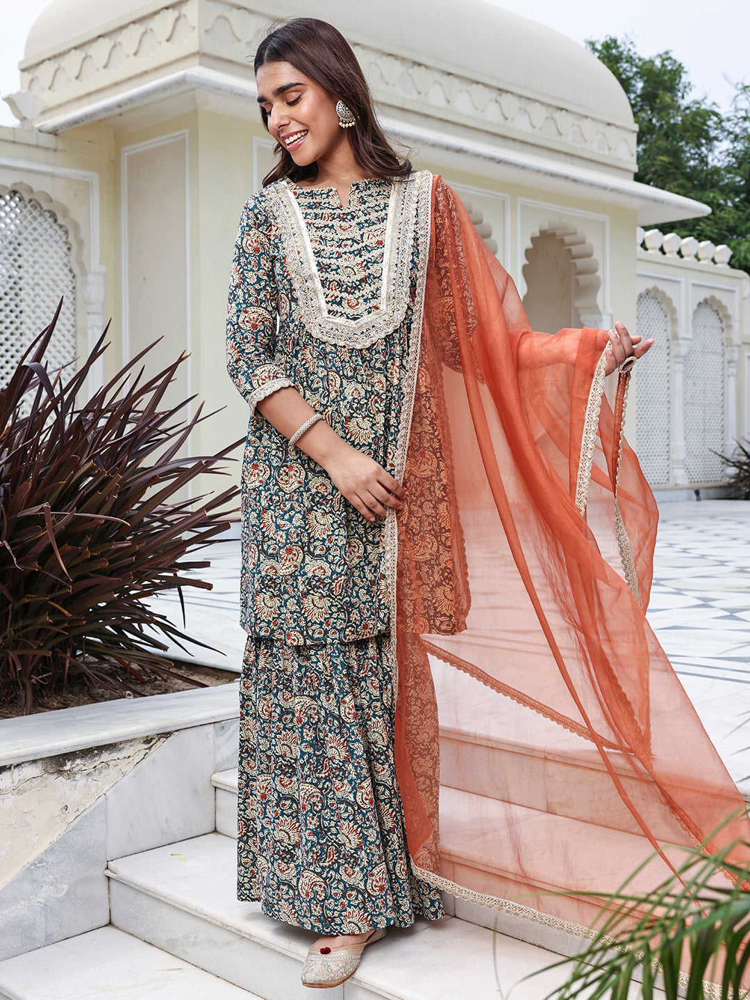 Janasya Women's Teal Blue Cotton Embellished Festive Flared Short Kurta Set | Swadesiicart