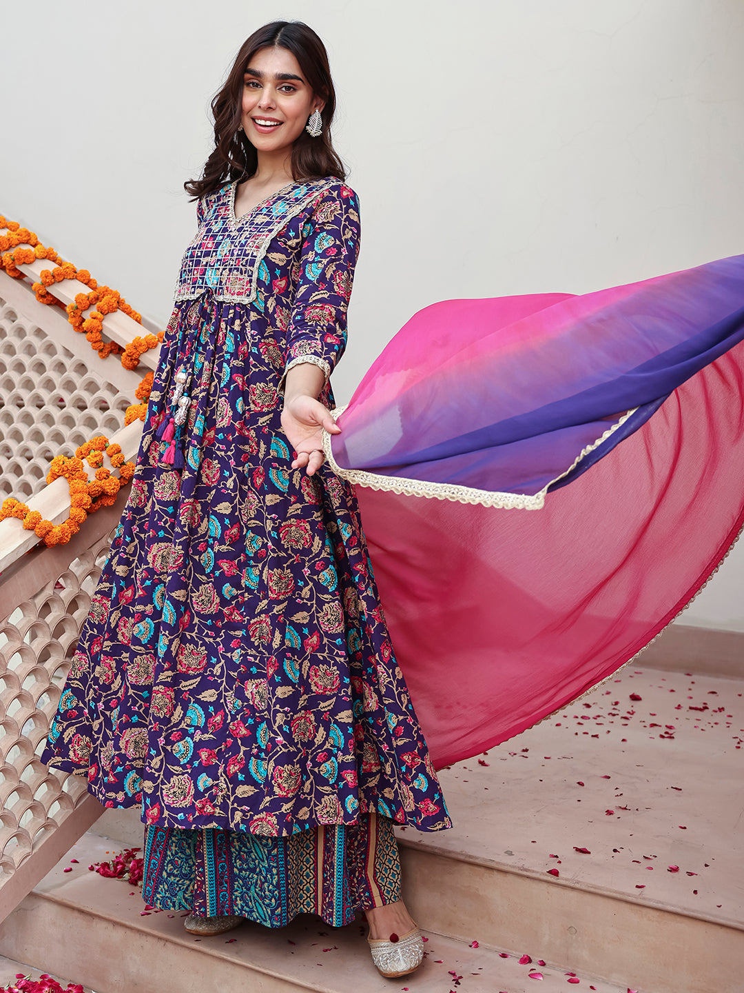 Janasya Women's Purple Cotton Embellished Ethnic Printed Festive A-line Kurta Set | Swadesiicart