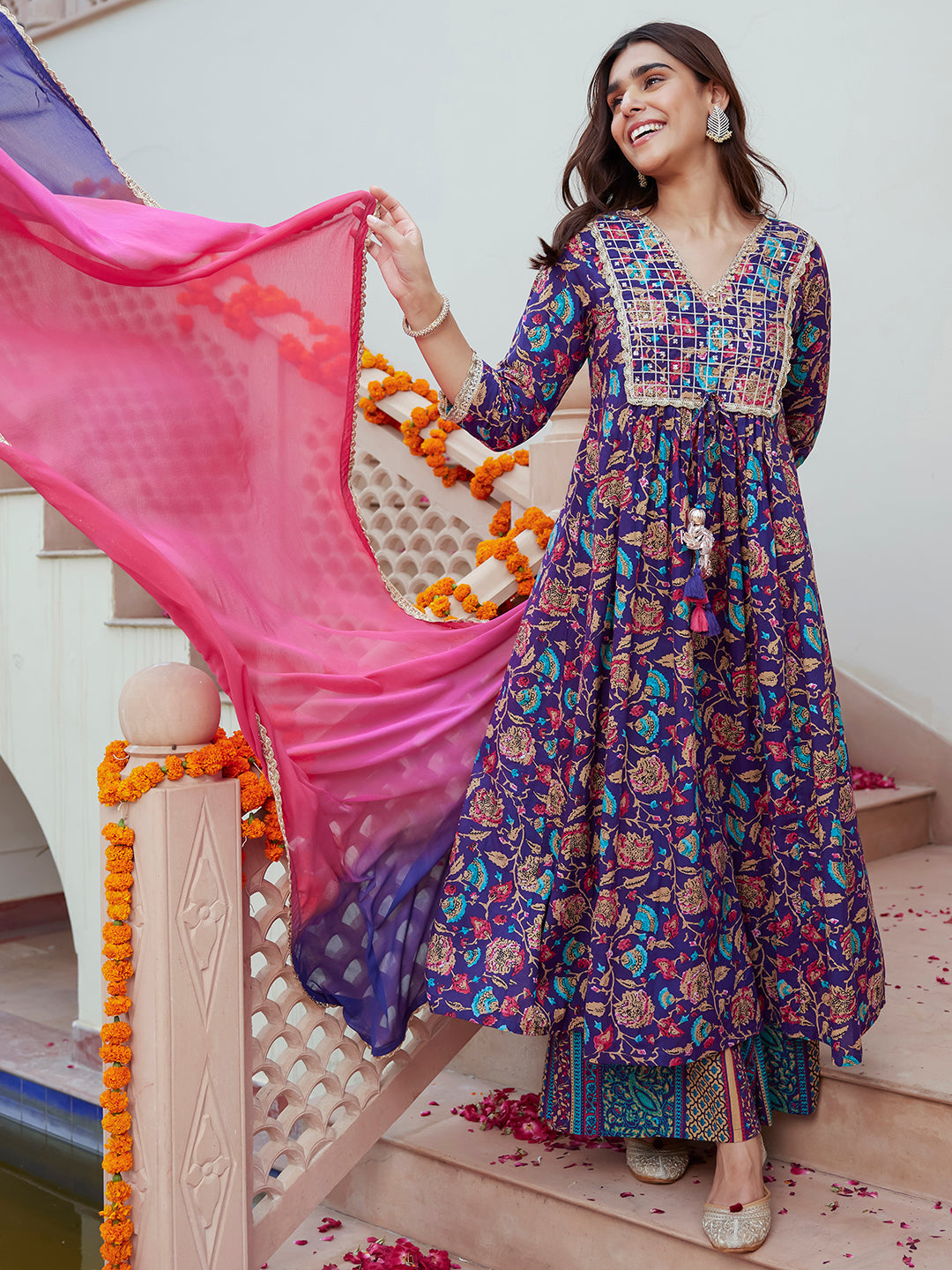 Janasya Women's Purple Cotton Embellished Ethnic Printed Festive A-line Kurta Set | Swadesiicart