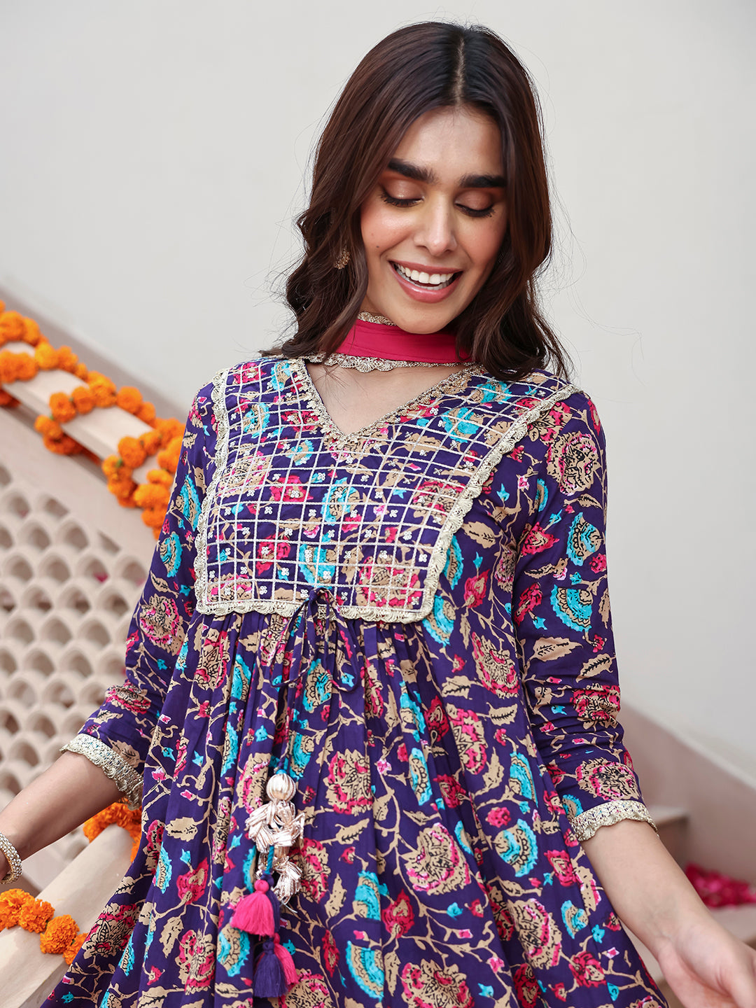 Janasya Women's Purple Cotton Embellished Ethnic Printed Festive A-line Kurta Set | Swadesiicart
