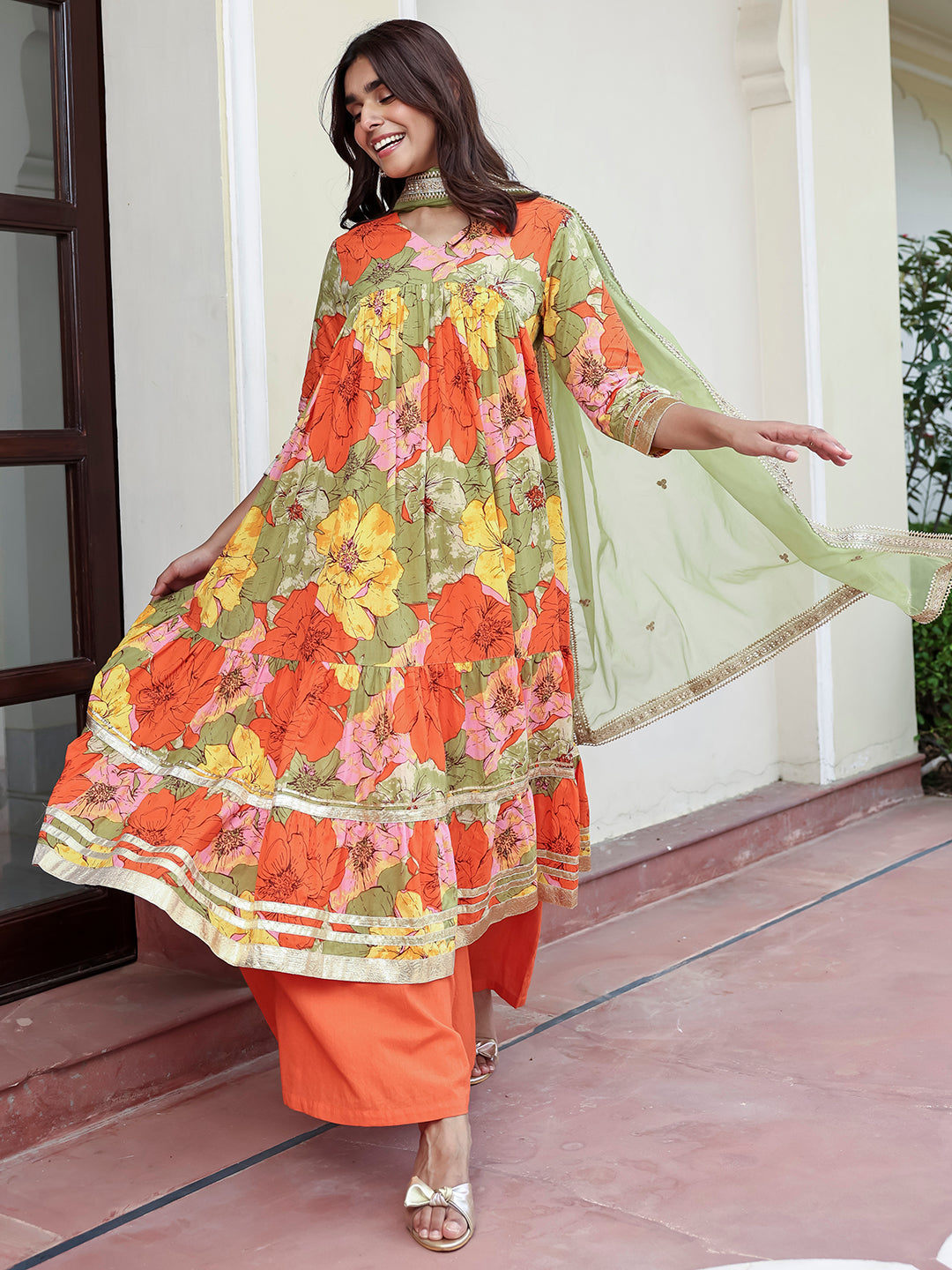 Janasya Women's Multicolor Cotton Floral Printed Festive Flared Kurta Set | Swadesiicart