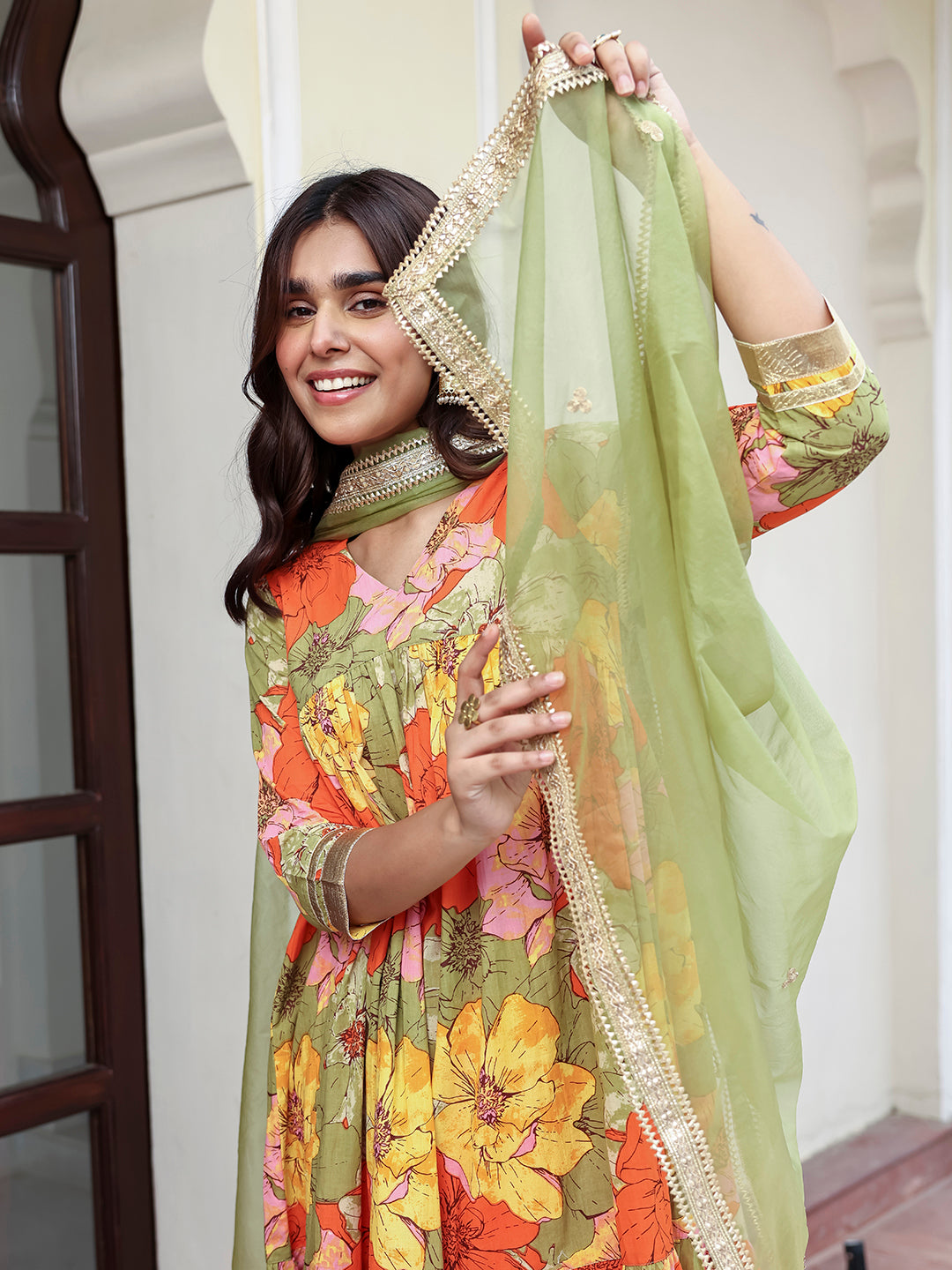 Janasya Women's Multicolor Cotton Floral Printed Festive Flared Kurta Set | Swadesiicart